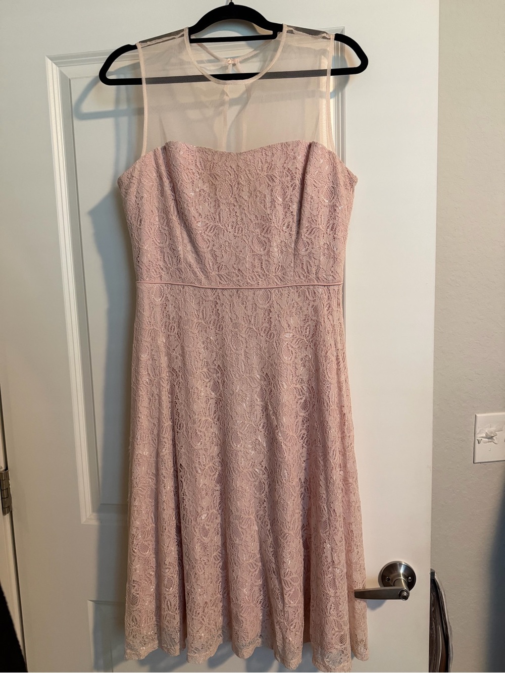 Maggy London Blush Pink Lace Midi Dress with Sheer Yoke